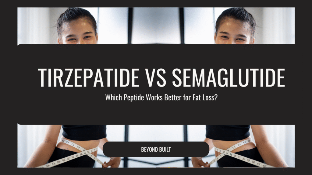 Fit man and woman in athletic wear representing weight loss transformation — comparing semaglutide and tirzepatide peptides for fat reduction in South Africa.
